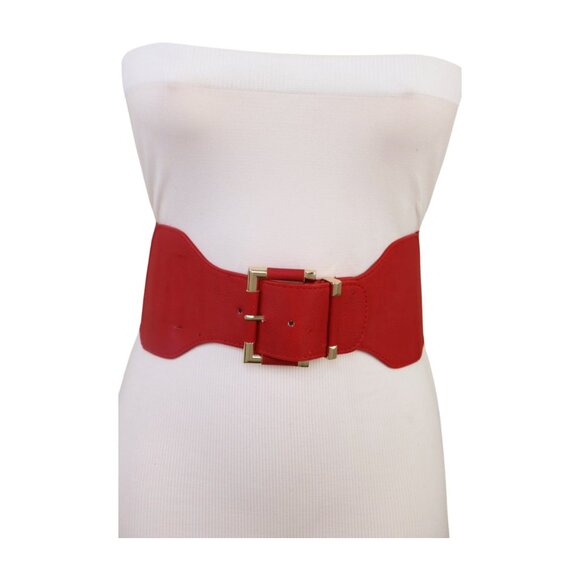 New Women Red Elastic Wide Fashion Belt Hip High Waist Gold Square Buckle S M - Picture 12 of 16